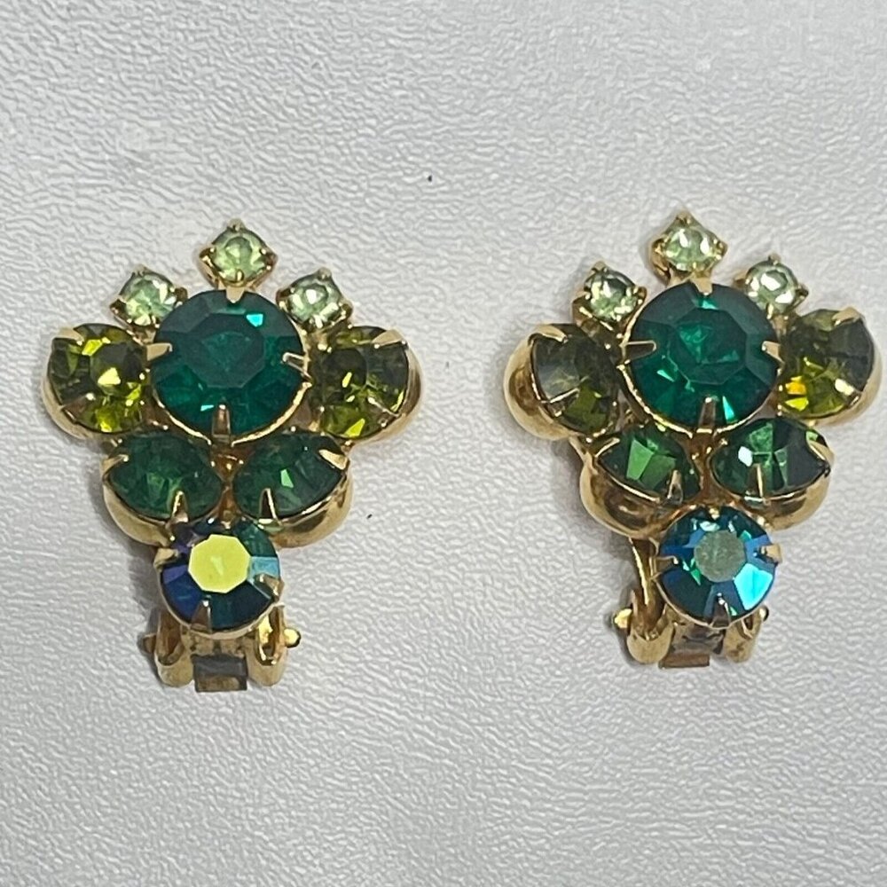 Green Rhinestone Clip On Earrings